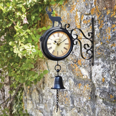 Garden Gear Wyegate Garden Wall Mounted Clock Outdoor Dual Sided 2 In 1 Thermometer Weather Station (Stag) Black