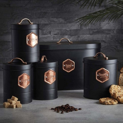 Cooks Professional 5 Piece Tea Coffee Sugar Bread & Biscuit Cannister SetLabelled Kitchen Storage TinsBlack & Copper from B&Q