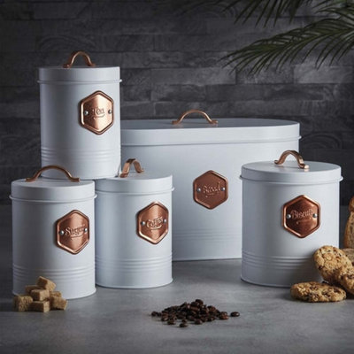 Cooks Professional 5 Piece Tea Coffee Sugar Bread & Biscuit Cannister Set - Labelled Kitchen Storage Tins - & Copper White