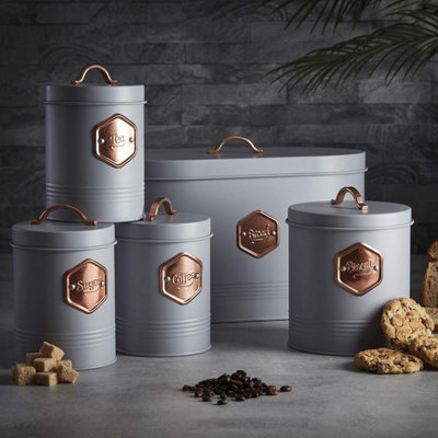 Cooks Professional Grey Piece Tea Coffee Sugar Bread & Biscuit Cannister Set - Labelled Kitchen Storage Tins - & Copper Size 5