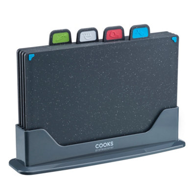 Cooks Professional Index Chopping Boards With Stand - Set Of 4 Non-Slip Cutting Boards With Colour Coded Tabs - Dark/Grey