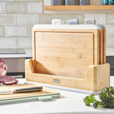 Cooks Professional Set Of 4 Index Bamboo Chopping Boards With Stand & TabsWooden Food Prep Cutting BlocksMulticoloured from B&Q