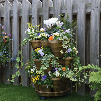 B&Q -  Outdoor Planter 3 Tiered Plant Pot Self Watering With Wheels Bronze Effect