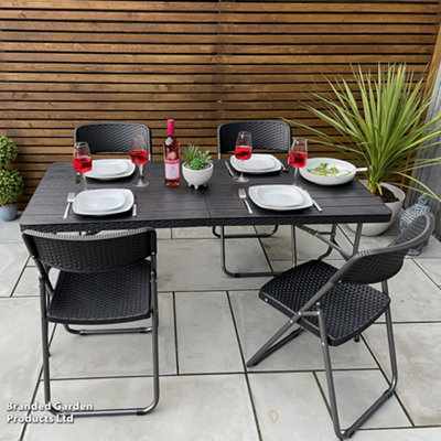 Garden Gear Four Person Folding Dining Set Rattan Wood-Effect Table 5Ft