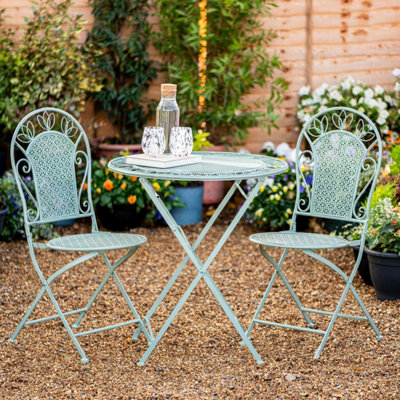 Garden Gear Dorset Wrought Iron Garden Bistro Set Victorian 2-Seater Foldable Outdoor Table & Chairs Laurel Green from B&Q