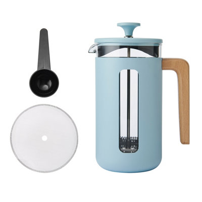 La Cafetière 'Pisa' 8 Cup Cafetiere, Large Borosilicate Glass Beaker Inside Stainless Steel, Coffee Plunger, 1L Sky Blue