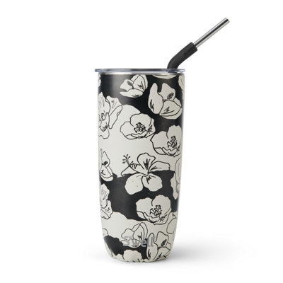 Swell S'well Charcoal Bloom Tumbler With Straw, Travel Water Flask, Stainless Steel And Copper, Bpa-Free, 700Ml Black