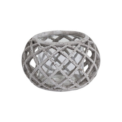 B&Q -  Large Round Ceramic Lattice Hurricane Lantern Grey (One Size)