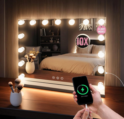 GloBrite Hollywood Vanity Mirror with 15 Dimmable LED Bulbs - 3 Lighting Modes, 10x Magnification, Touch Control, USB Charging, Wall/Tabletop, Lighted Makeup Mirror for Bedroom, Dressing Room - White - Image 3