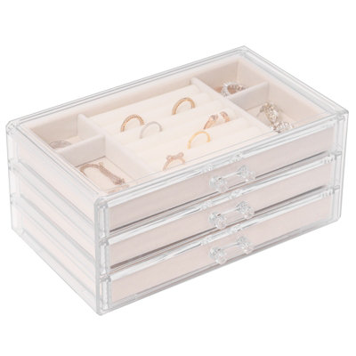 Sasha Morel 3-Layer Clear Acrylic Jewellery BoxVelvet Lined Jewellery Organiser Storage CaseEarring Storage Organiser For WomenBeige from B&Q