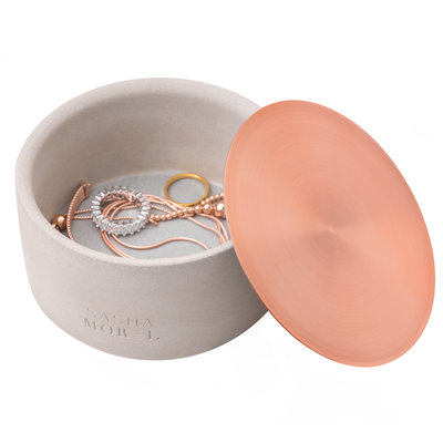 B&Q -  Round Concrete Jewellery Storage Organiser With Copper Metal Lid Trinket Pot Small Accessories And Earrings Holder
