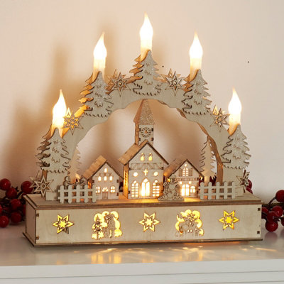 GloBrite Wooden Illuminated Candle Bridge / 5 Warm White Candles/Indoor Christmas Decoration/Battery Operated / 32cm x 30cm x 10cm - Image 4