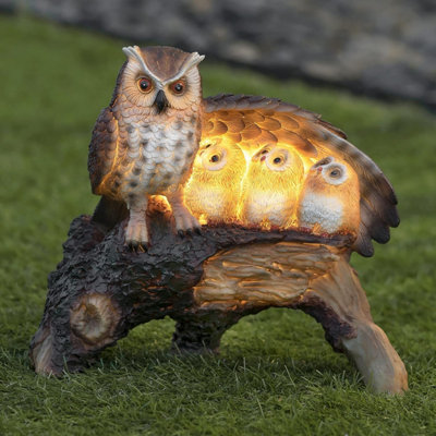 Globrite Light Solar Garden Ornament Owl Family Statue - Hand-Painted Weatherproof Resin Figurine With Led For Lawns & Patios