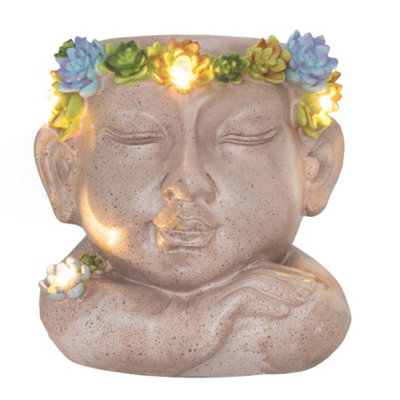 Globrite Light Solar Face Plant Pot - Solar Powered Led Outdoor Lantern - Waterproof Resin Figure Ornament - Yard Lawn Patio