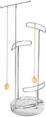 Sasha Morel 4 Tier Jewellery StandHanging Tree Jewellery Organiser Necklace Stand With Marble TraySilver from B&Q