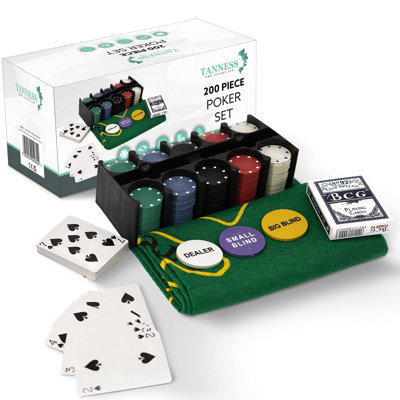 Tanness 200 Piece Poker Set With Chips, Cards, Mat, And Tin Case For Texas Holdem And Blackjack Games