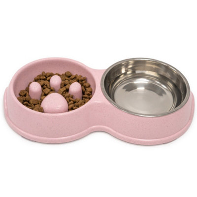 B&Q -  Double Slow Feeder Dog BowlDetachable Stainless Steel Cat And Dog Bowls With Non-Slip BasePink