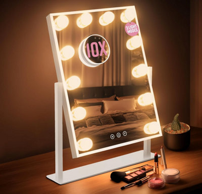 GloBrite Hollywood Mirror with 12 LED Bulbs - 3 Colour Light Modes & Adjustable Brightness, Touch Screen, 360° Rotation, Light Up Mirror, No Assembly Needed, Vanity Mirror with Lights - White - Image 3