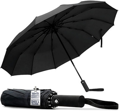 B&Q -  Windproof Umbrella With 10-Rib Frame And Automatic Open CloseCompact Umbrella With Waterproof Design Black