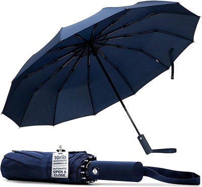 B&Q -  Windproof Umbrella With 10-Rib Frame And Automatic Open CloseCompact Umbrella With Waterproof Design Blue