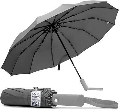 B&Q -  Windproof Umbrella With 10-Rib Frame And Automatic Open CloseCompact Umbrella With Waterproof DesignGrey