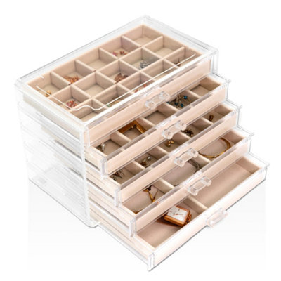 Sasha Morel Jewellery BoxCreamClear Acrylic With 5 DrawersVelvet Earring Holder & Organiser For Womens Accessories from B&Q