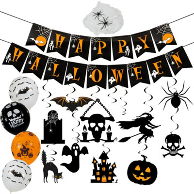 Tanness Halloween Decorations Kit12 Balloons 20G SpiderwebHanging Swirl And Happy Halloween Banner from B&Q