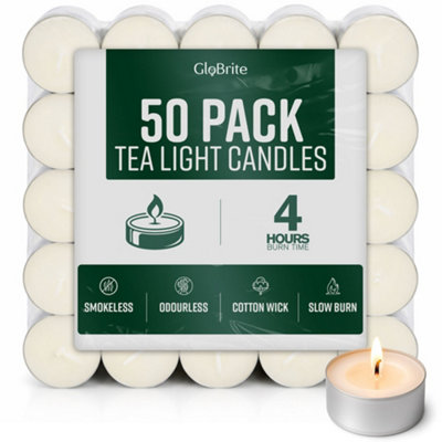 B&Q -  50 Pack Unscented Tea Lights4 Hour Burn Tealight CandlesLong Burning Tea Lights