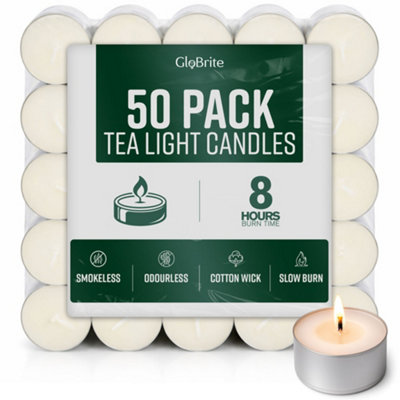 B&Q -  50 Pack Unscented Tea Lights8 Hour Burn Tealight CandlesLong Burning Tea Lights