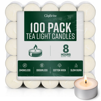 B&Q -  100 Pack Unscented Tea Lights8 Hour Burn Tealight CandlesLong Burning Tea Lights