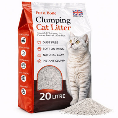 Fur & Bone 20L Clumping Cat Litter Natural Bentonite Clay Unscented Low Dust Odour Control from B&Q