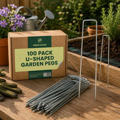Green Haven Garden Pegs Pack Of 100 Heavy Duty Galvanised Garden Stakes U Shaped Weed Membrane Pegs Galvanised Metal Stakes from B&Q