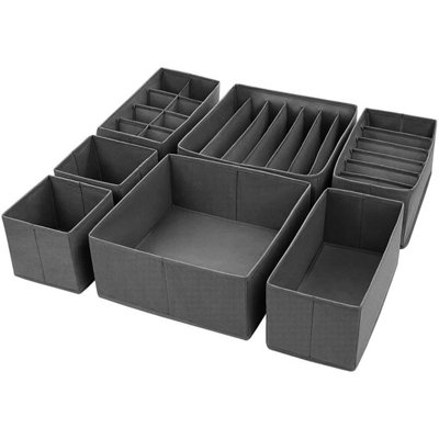 B&Q -  7Pcs Drawer Organiser Cloth Storage Box (Grey)-Wardrobe Organiser Premium Clothes Storage Organiser Foldable Fabric Storage