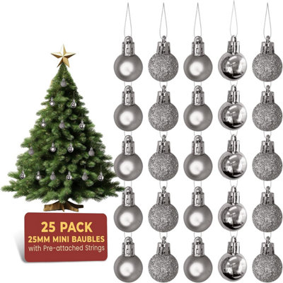 Festive Fix Silver Mini Christmas Baubles 25 Pack Shatterproof Small Ornaments For Xmas Tree Decorations Matte Gloss Glitter from B&Q