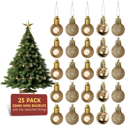 Festive Fix Champagne Mini Christmas Baubles 25 Pack Shatterproof Ornaments For Xmas Tree Decorations Matte Gloss Glitter from B&Q