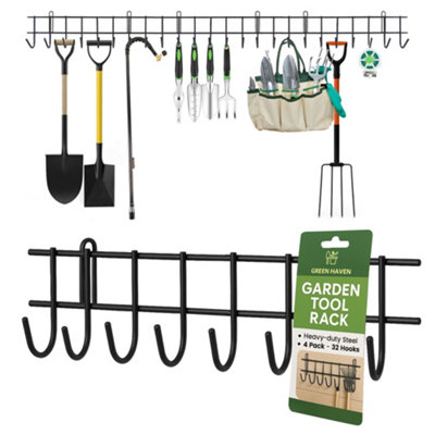 Green Haven Garden Tool Storage Rack 160Cm Heavy Duty Metal Wall Mounted Organiser 32 Hooks For Shed Garage Rakes Shovels Black from B&Q