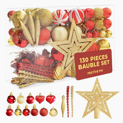 B&Q -  Christmas Baubles Set 130 Piece Red & Gold Decorations With Tree Topper Complete Tree Decoration Set Premium Holiday