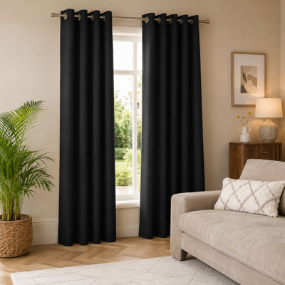 Aspire Homeware Plain Room Darkening Blackout Eyelet Curtain Pair Black (W) 168Cm X (D)228Cm With Tie Back Pair from B&Q