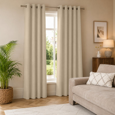 Aspire Homeware Plain CreamRoom Darkening Blackout Eyelet Curtain Pair (W) 168Cm X (D)228Cm With Tie Back Pair from B&Q