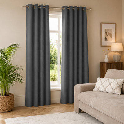 Aspire Homeware Plain  Dark GreyRoom Darkening Blackout Eyelet Curtain Pair (W) 168Cm X (D)228Cm With Tie Back Pair from B&Q