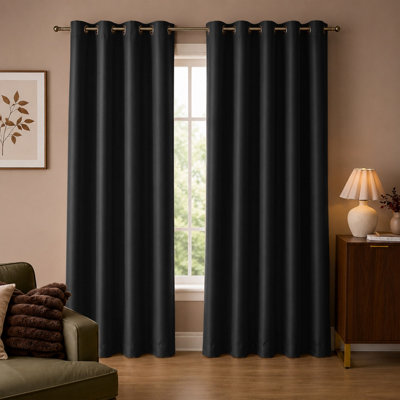 Aspire Homeware Plain BlackRoom Darkening Blackout Eyelet Curtain Pair (W) 228Cm X (D)228Cm With Tie Back Pair from B&Q