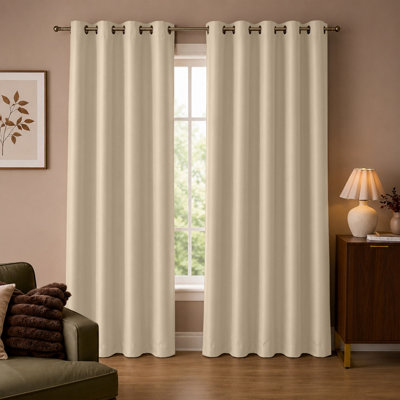 Aspire Homeware Plain CreamRoom Darkening Blackout Eyelet Curtain Pair (W) 228Cm X (D)228Cm With Tie Back Pair from B&Q