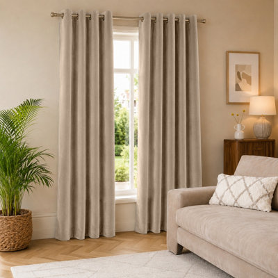Aspire Homeware Beige Velvet Curtain Room Darkening Blackout Eyelet Curtain Pair (W) 168Cm X (D)228Cm With Tie Back Pair from B&Q