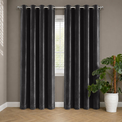 Aspire Homeware Black Velvet Curtain Room Darkening Blackout Eyelet Curtain Pair (W) 168Cm X (D)228Cm With Tie Back Pair from B&Q