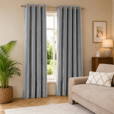 Aspire Homeware Grey Velvet Curtain Room Darkening Blackout Eyelet Curtain Pair (W) 168Cm X (D)228Cm With Tie Back Pair from B&Q