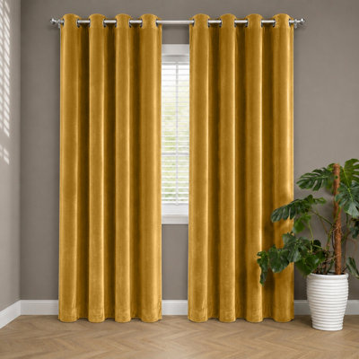 Aspire Homeware Ochre Velvet Curtain Room Darkening Blackout Eyelet Curtain Pair (W) 168Cm X (D)228Cm With Tie Back Pair from B&Q