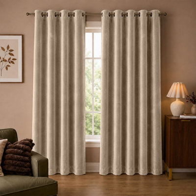Aspire Homeware Beige Velvet Curtain Room Darkening Blackout Eyelet Curtain Pair (W) 228Cm X (D)228Cm With Tie Back Pair from B&Q