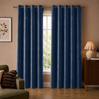 Aspire Homeware Navy Velvet Curtain Room Darkening Blackout Eyelet Curtain Pair (W) 228Cm X (D)228Cm With Tie Back Pair from B&Q