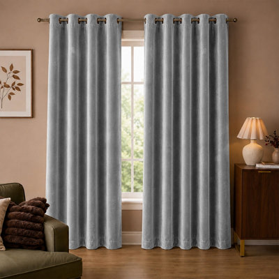 Aspire Homeware Grey Velvet Curtain Room Darkening Blackout Eyelet Curtain Pair (W) 228Cm X (D)228Cm With Tie Back Pair from B&Q