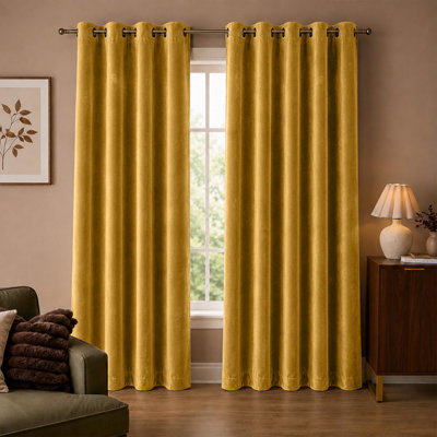Aspire Homeware Ochre Velvet Curtain Room Darkening Blackout Eyelet Curtain Pair (W) 228Cm X (D)228Cm With Tie Back Pair from B&Q